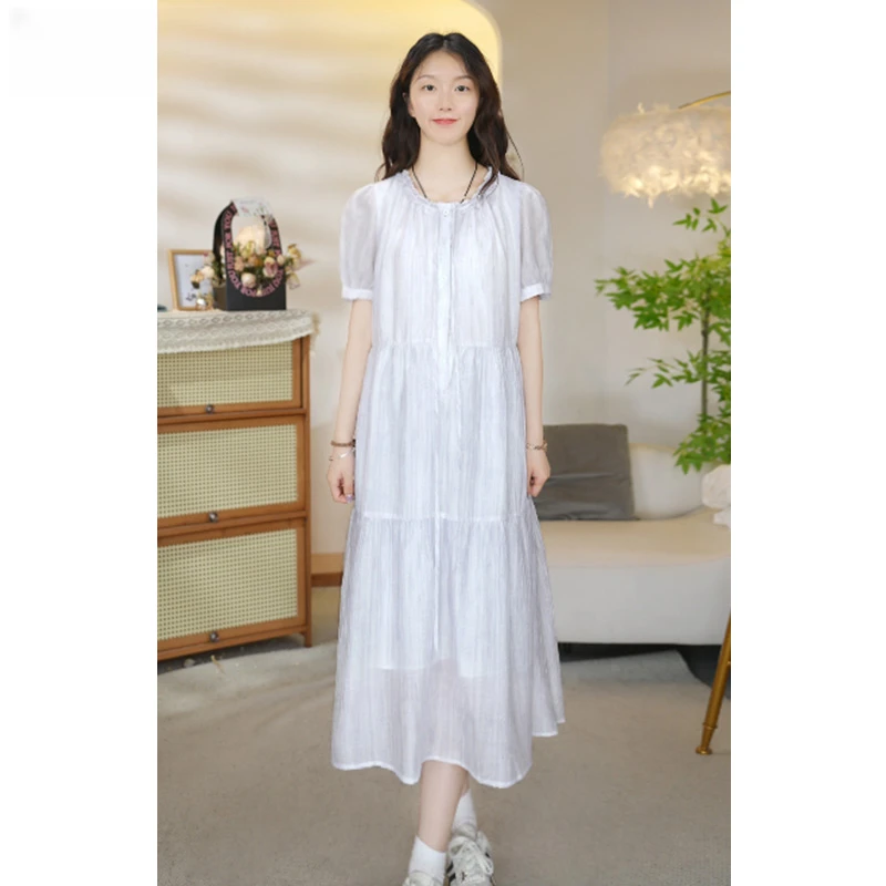 孕妇夏装新款中长款圆领木耳边天丝系绳时尚气质遮肉显瘦连衣裙