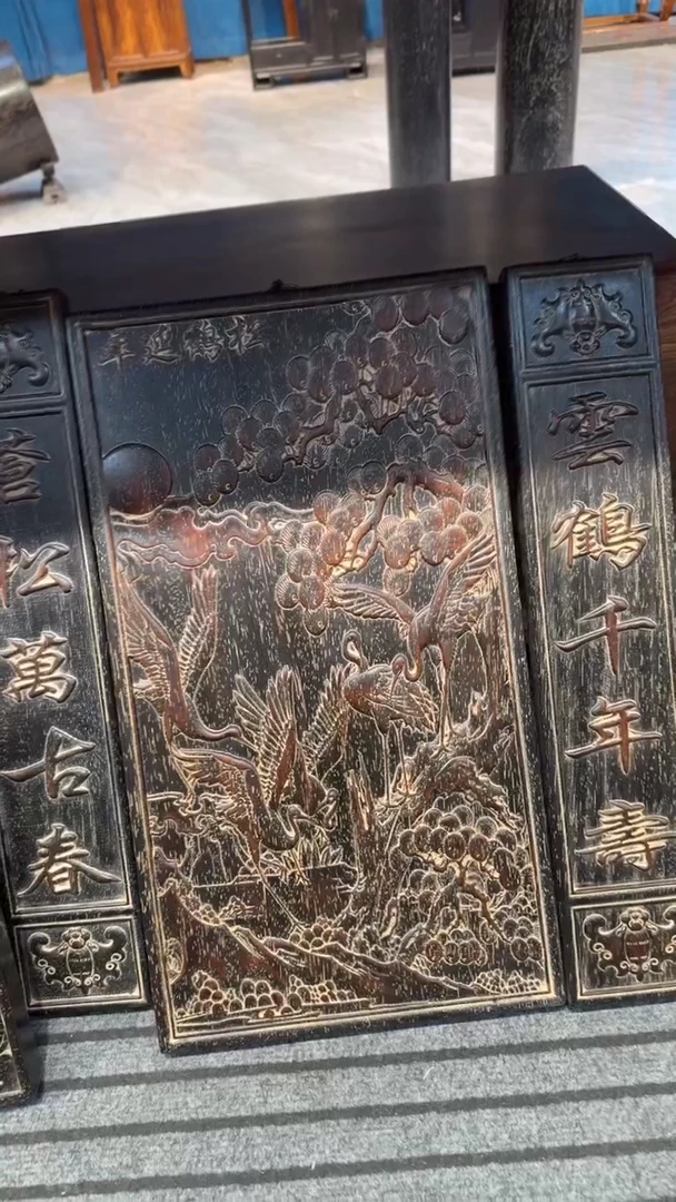 木紫檀松鹤延年三条屏邵氏紫檀木艺