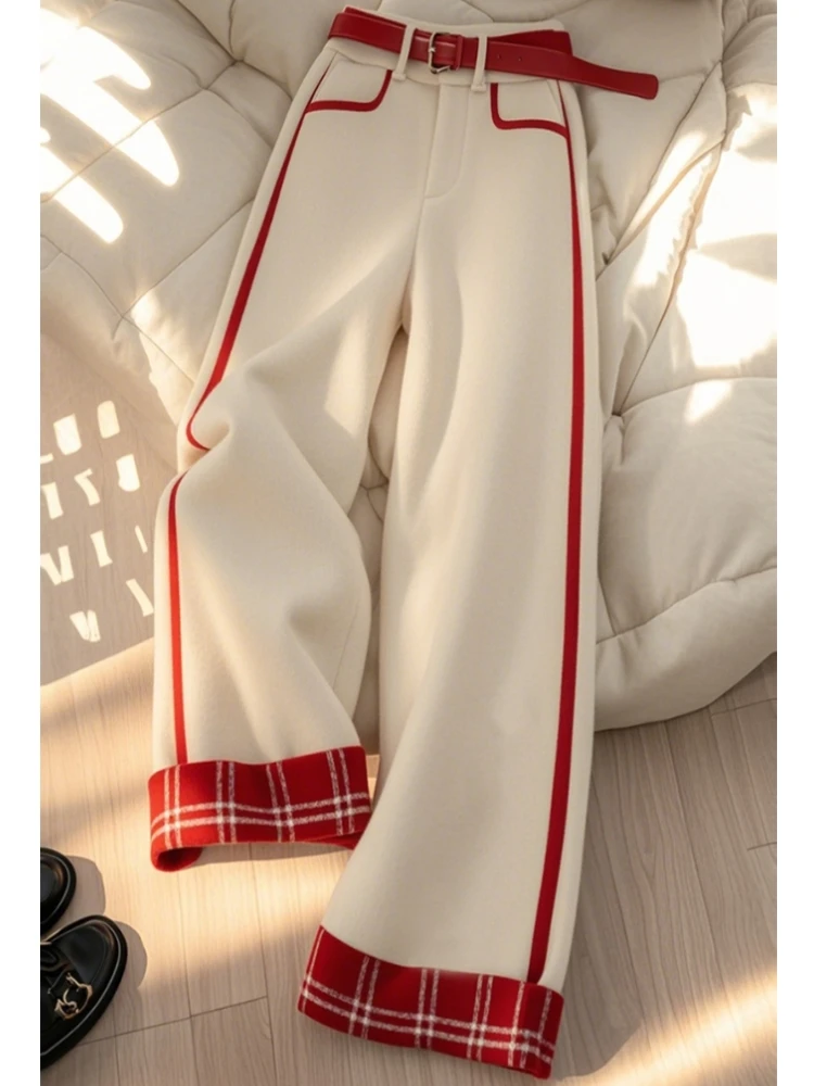 2024冬季新款小个子高级感独特别致高腰白色格纹拼接直筒阔腿裤女