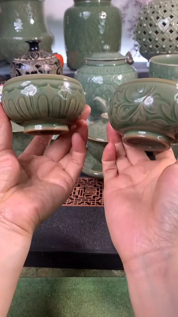 现代耀州窑青瓷手工湿刻刻花 主人杯一只