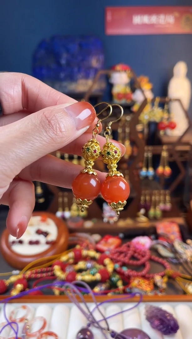 【闪购商品】南红玛瑙耳饰银S925镀金镶嵌玲珑九转南红耳钩