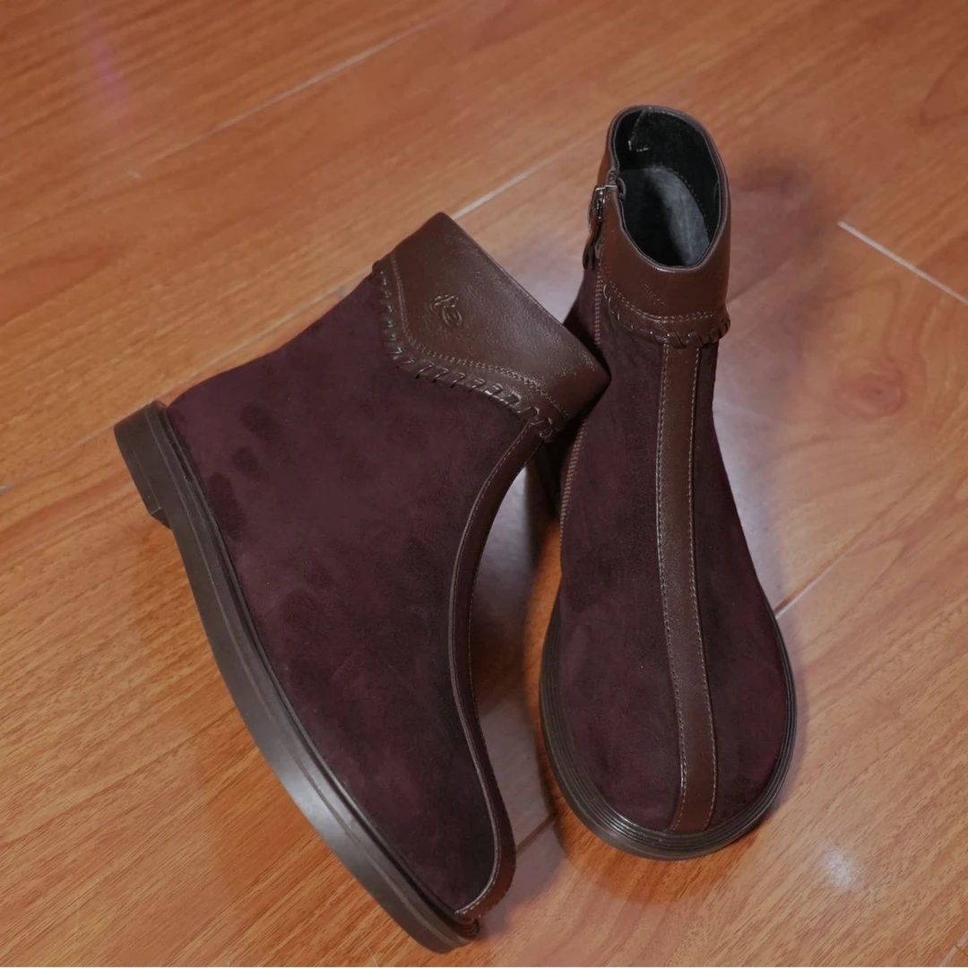 8630女款冬季套筒磨砂女短靴头层牛皮女靴平底休闲保暖秋冬