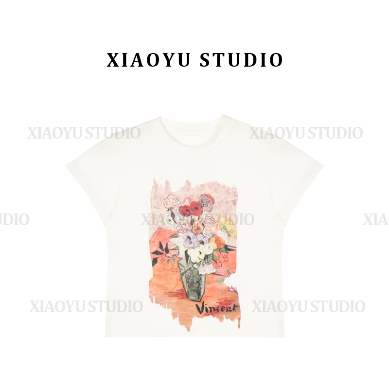 时尚气质圆领卡通印花短袖t恤夏季女装2025新款时尚百搭法式上衣