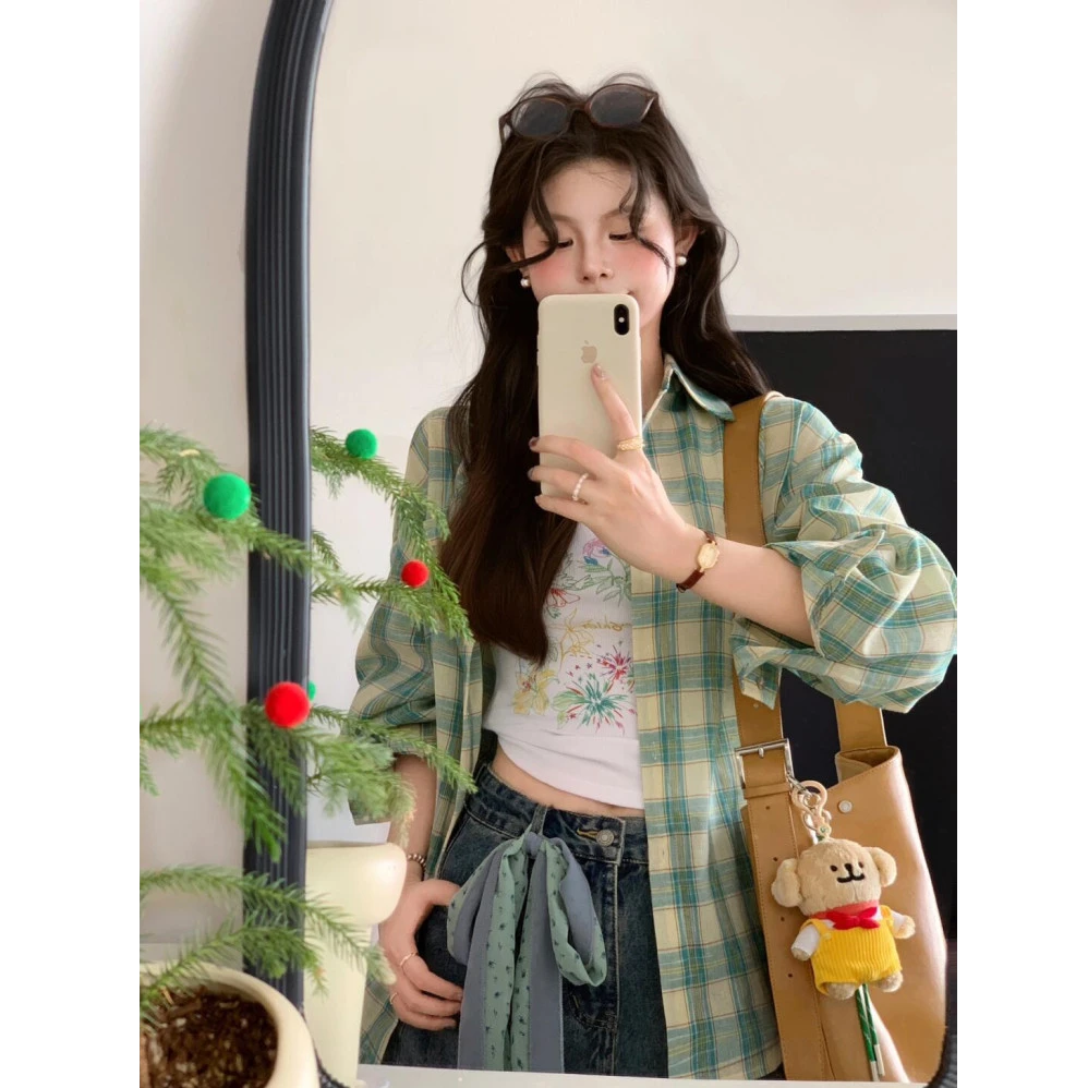 森系绿色百搭格子衬衫女慵懒风休闲中长款遮肉衬衣衫长袖上衣小众