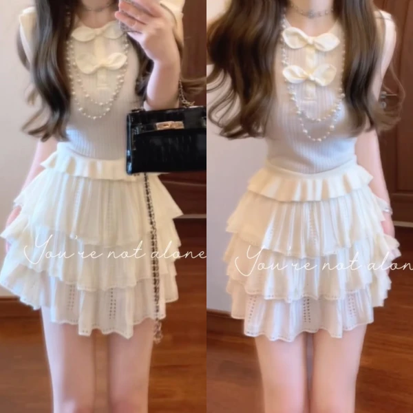 夏季新款小香风甜美套装拼接蝴蝶结设计针织上衣蛋糕裙短裙两件套