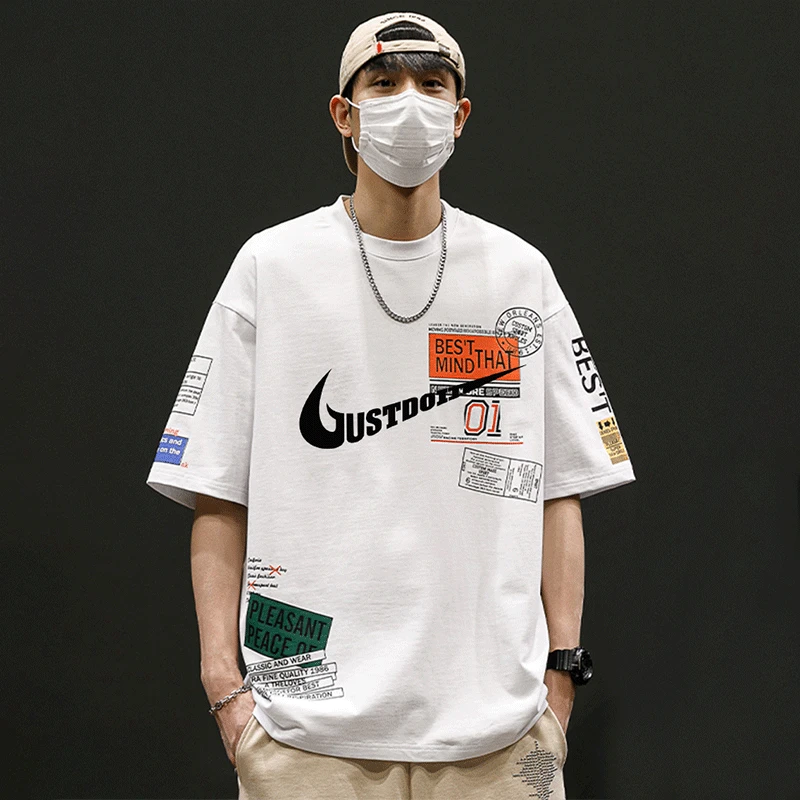 一折专区|奥莱|青少年夏季短袖男休闲宽松五分袖冰丝个性涂鸦T恤
