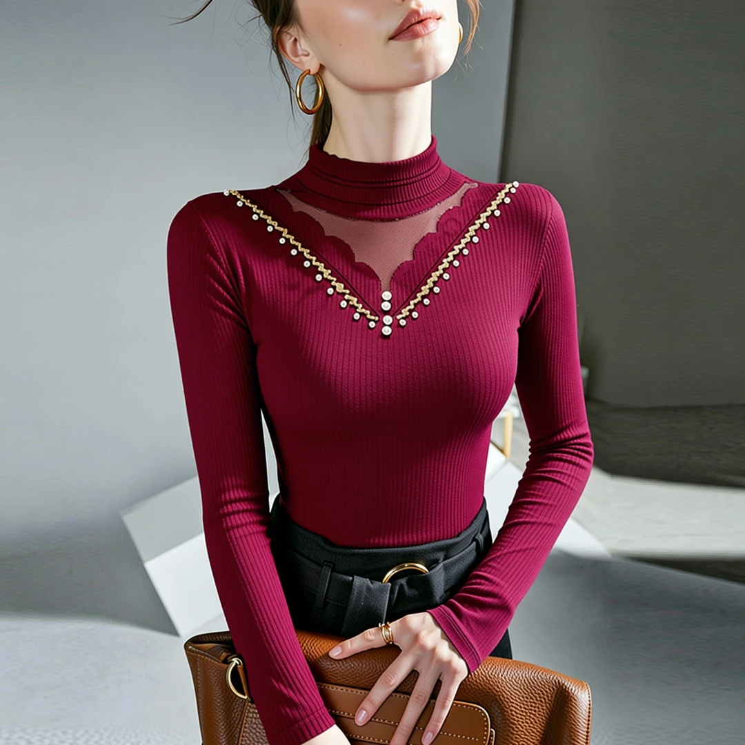 YLY#新款钉珠镂空内搭半高领时髦时尚洋气长袖打底衫上衣A51H