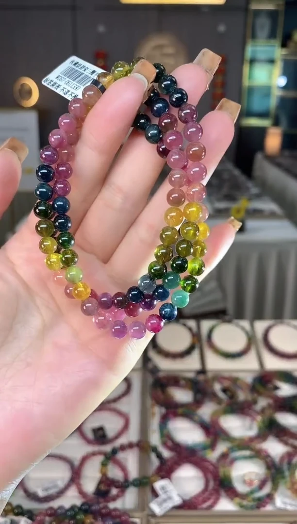 未镶嵌老矿碧玺色标彩虹三圈手串6mm+碧玺dan多样性发货一条