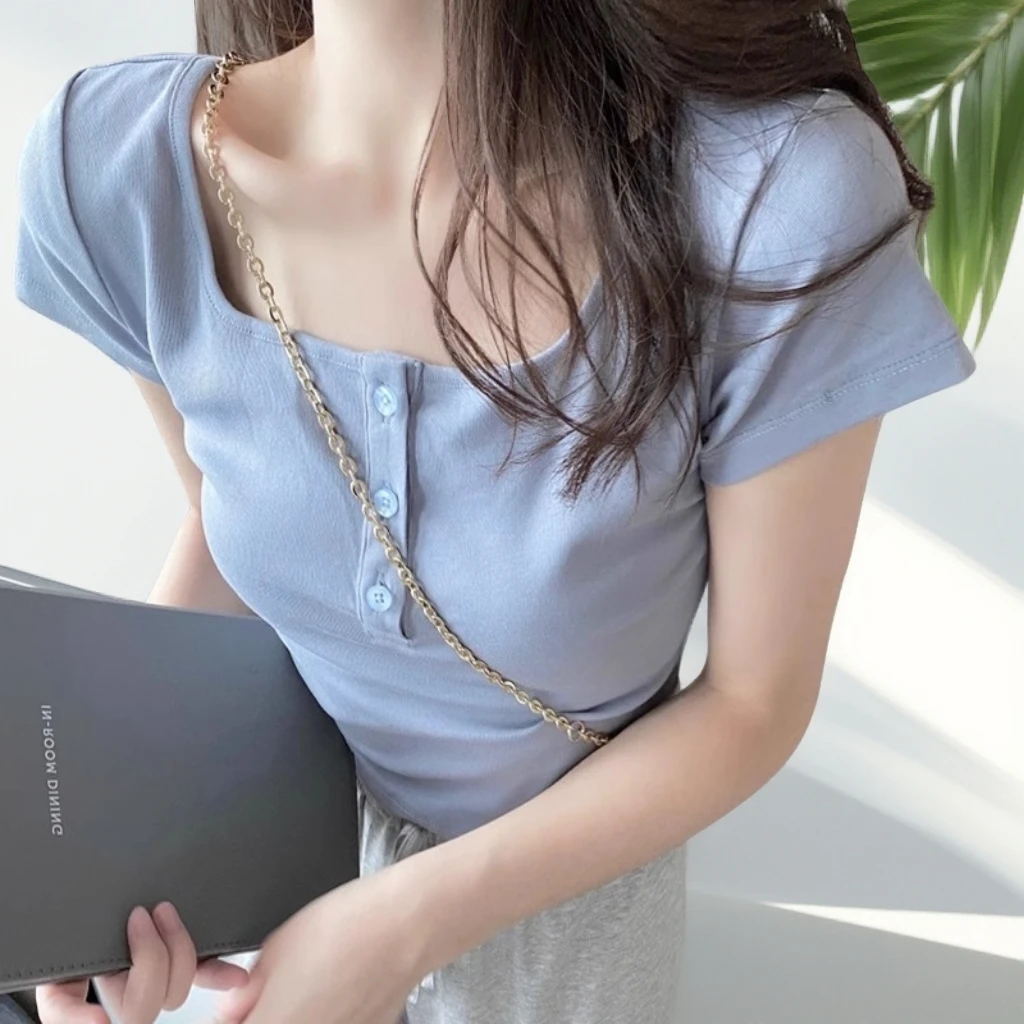 百搭小众短款方领短袖女款蓝色短款T恤纽扣夏季105