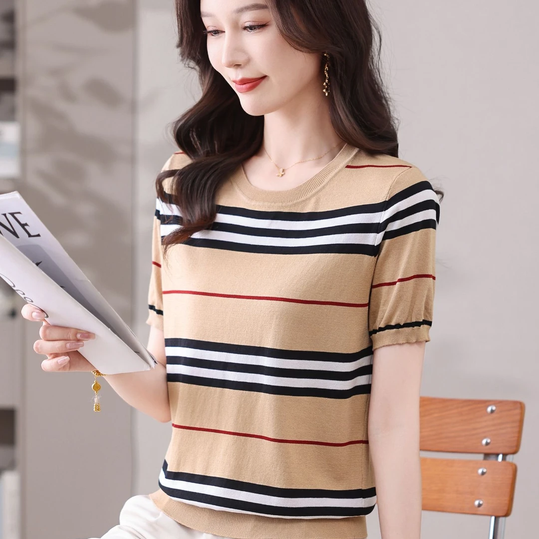 2025新款条纹冰丝女短袖夏季薄款针织妈妈装宽松洋气圆领上衣t恤