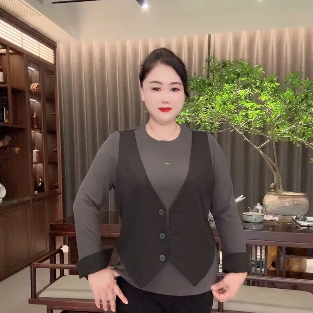 2025早秋新款时尚洋气设计感假两件马甲拼接遮肉减龄上衣长袖秋季