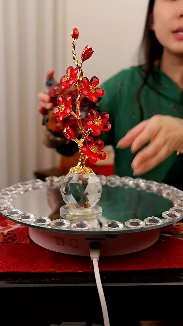 摆件水晶红色一枝梅茶摆件