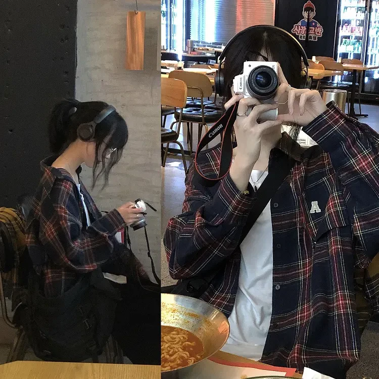 超A刺绣美式复古格子衬衫长袖百搭休闲宽松韩版秋季港风港味小众