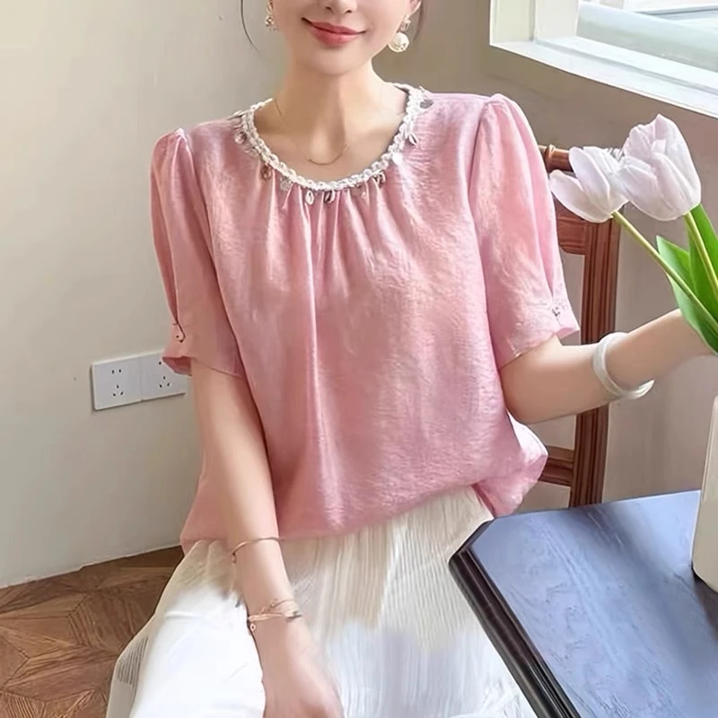 小鑫肝@现货浮力圆领亮片拼接洋气减龄百搭T恤 25616