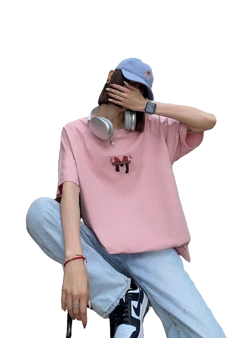 印花短袖T恤lulu风刺绣法式圆领夏季老钱风宽松型