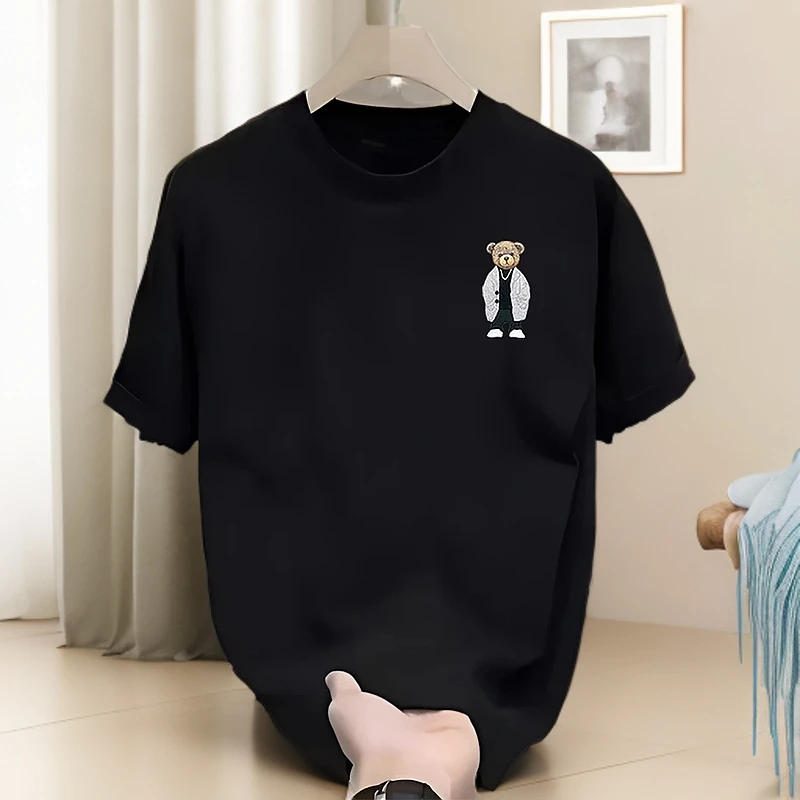 仓石一树潮牌休闲短袖T恤男2025夏季百搭ins圆领小熊印花半袖上衣