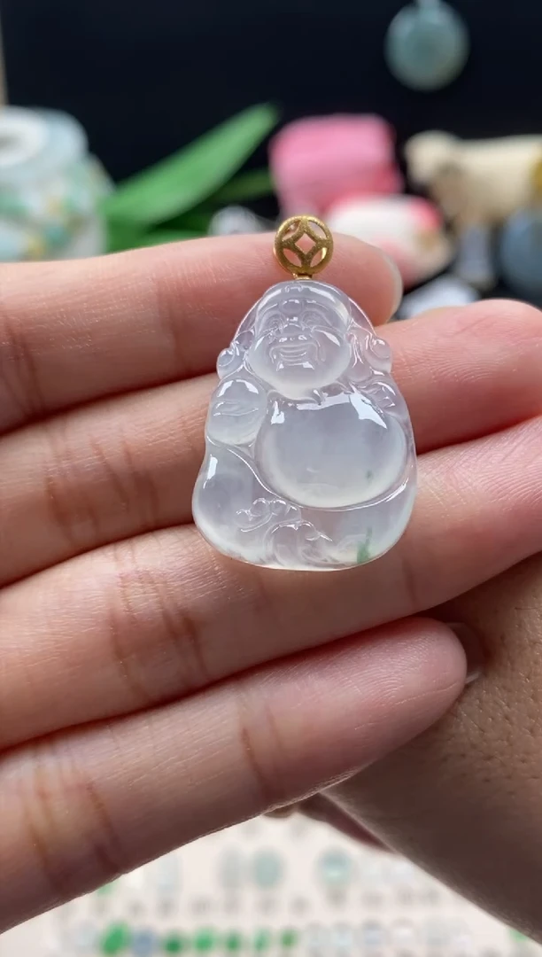 【闪购商品】翡翠颈饰18K金镶嵌翡翠白冰财神吊坠