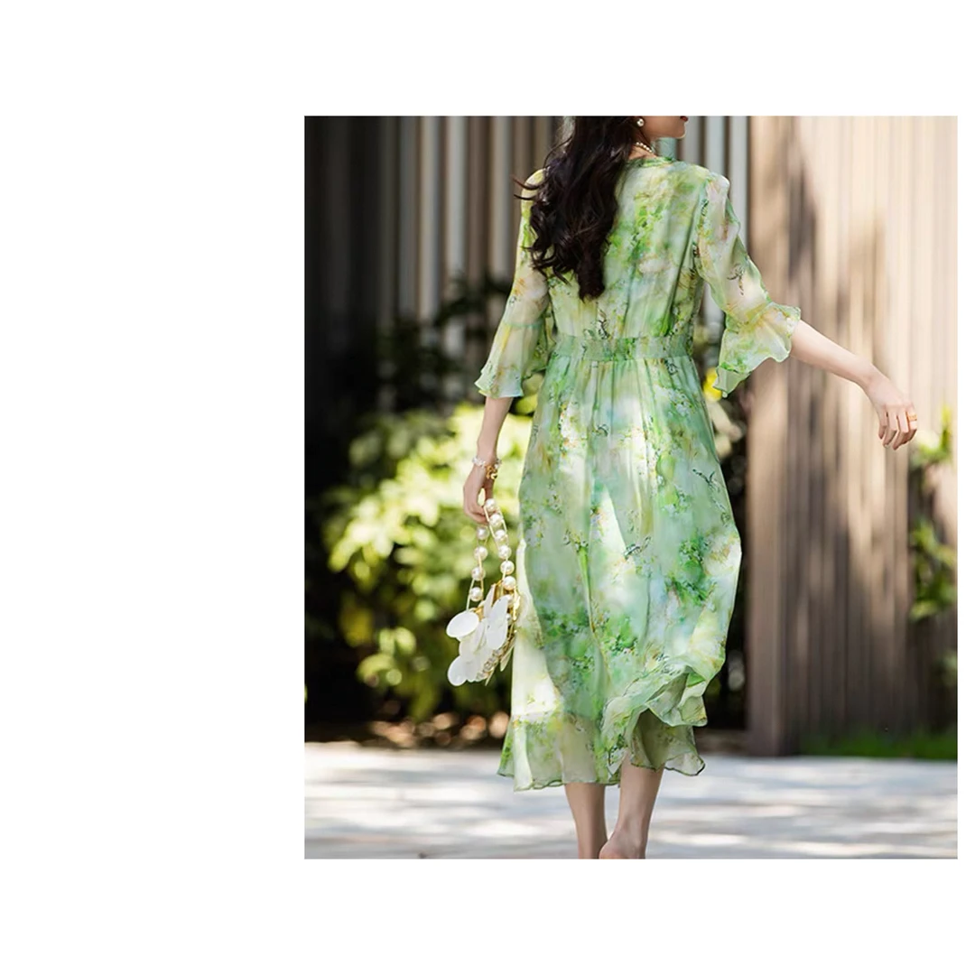 新A147 2025新款女夏季收腰显瘦高级碎花连衣裙