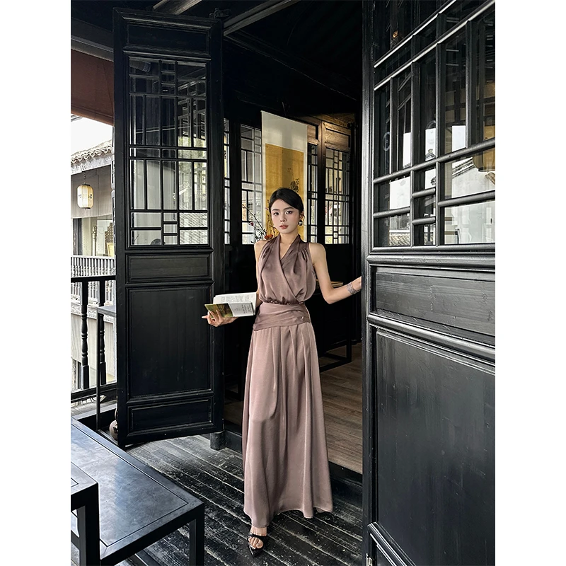 除于七“紫韵美学”轻中式A字捏褶裙气质风紫色连衣裙