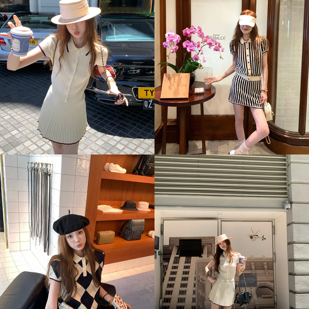 aaaaxbbb 爱在黎明前 针织套装白色/菱格/条纹polo上衣短裙半身裙