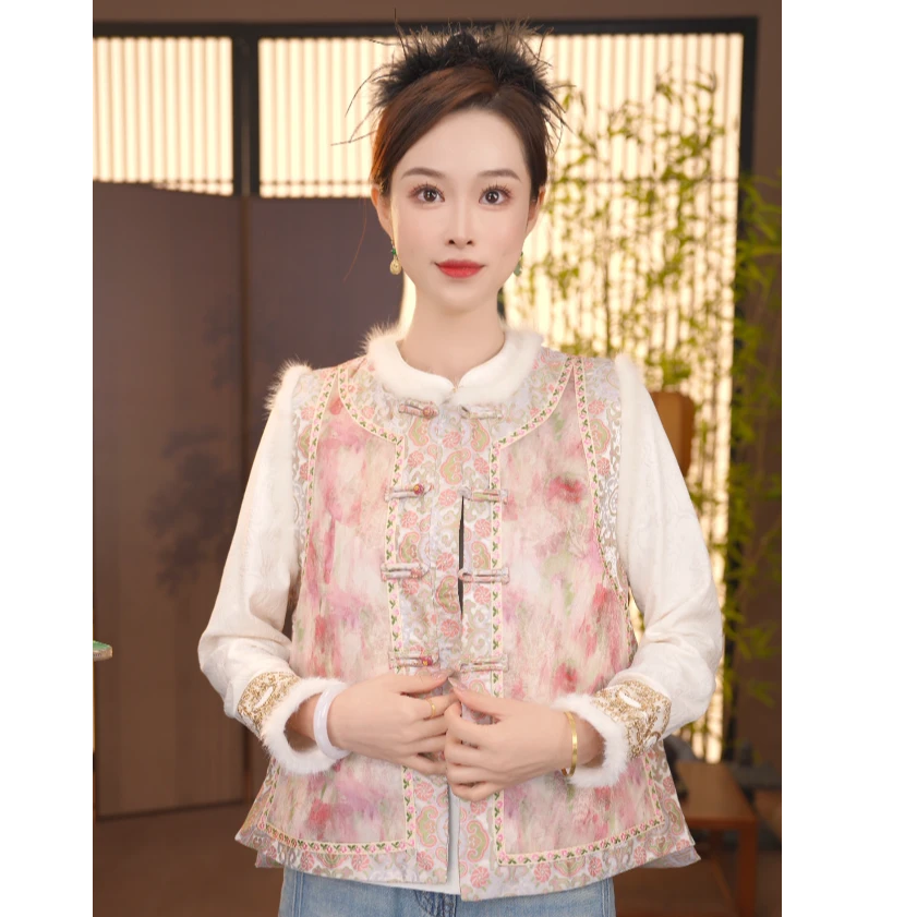 CJ【醉月】秋冬季粉色中国风百搭水貂毛复古锦绣马甲FB2510201