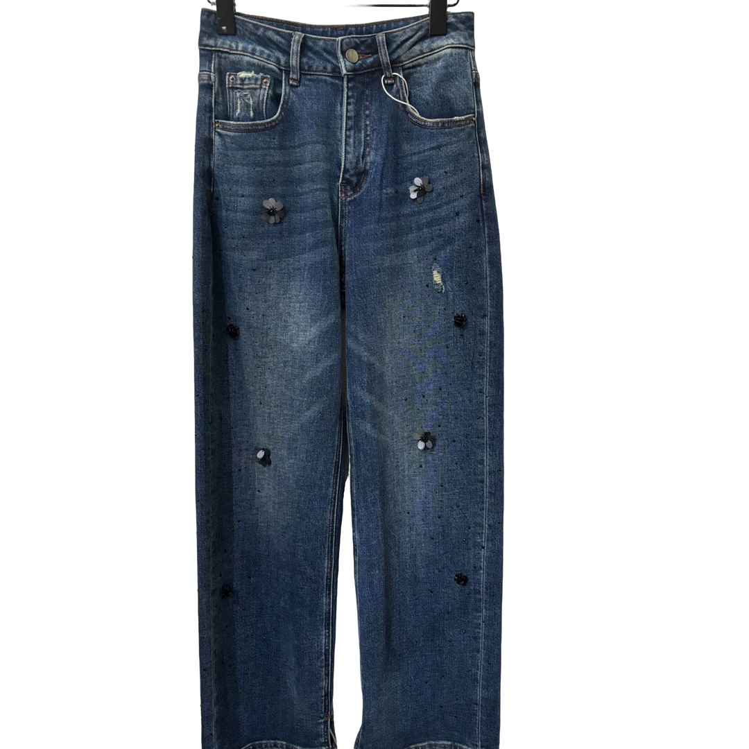 南油小众设计师新品花朵水洗牛仔裤