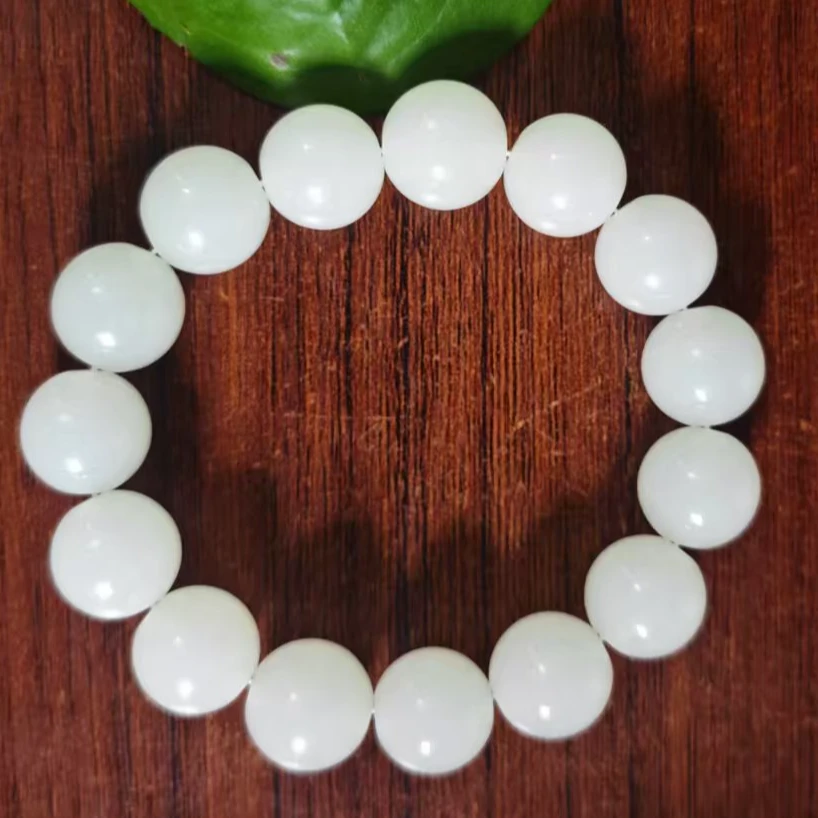 新疆且末糖白高品质白色圆珠白玉手串可作男士手饰摆件014