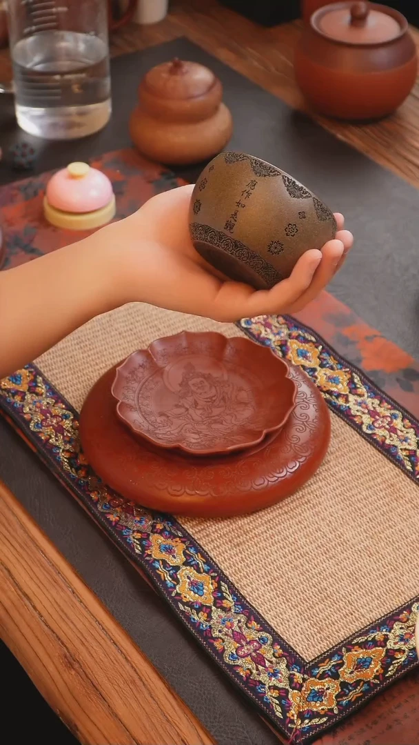 紫砂茶叶罐宝相花 蟹壳青缸杯