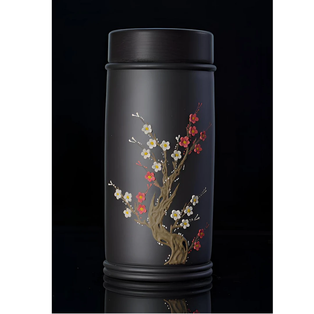 【梅香如故】 双层石黄浮雕宜兴紫砂便携养生直筒随行杯