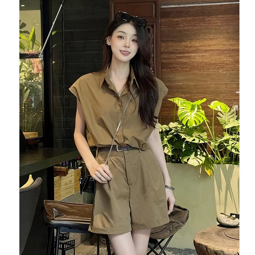 法式复古工装短袖衬衫上衣女高级感休闲高腰直筒短裤两件套夏季薄