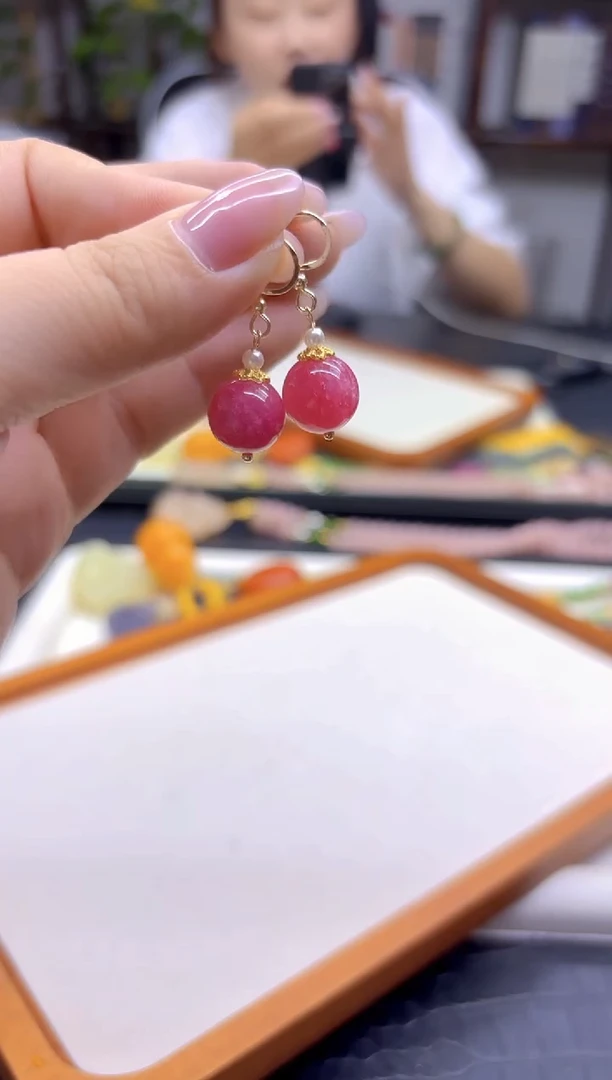 14K金镶嵌菱锰矿（红纹石）耳钉DIY款E794