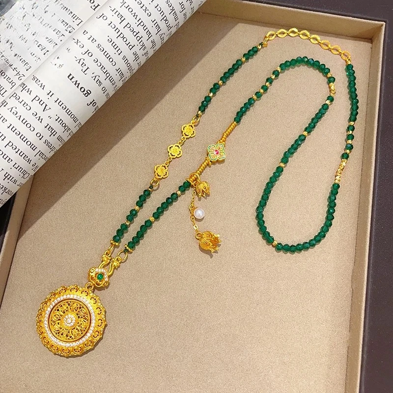 铜合金项链 新中式花丝如意可转动吊坠镂空铃兰花双钩链女