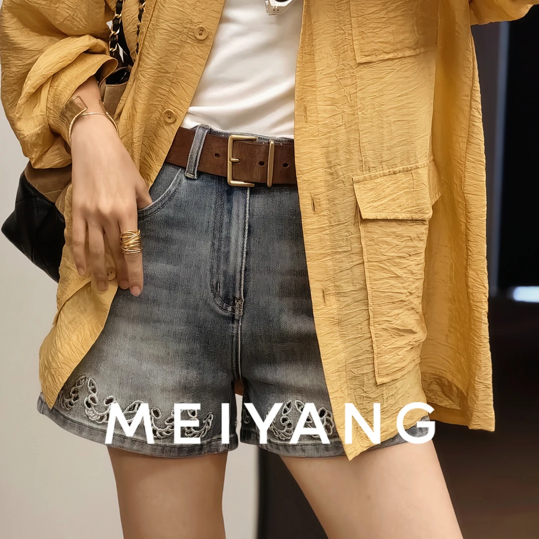 美洋MEIYANG 夏果五号牛仔短裤 粗斜纹水洗磨白雕孔刺绣百搭-周五