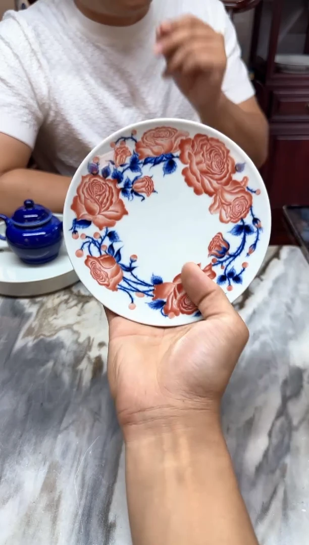天义华 青花釉里红玫瑰高足壶承
