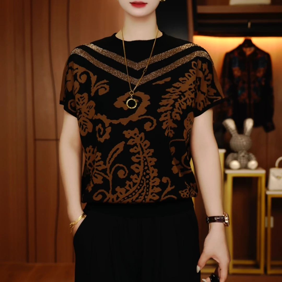 D250539-夏季短袖抗起球高端显瘦减龄洋气宽松女士气质时尚