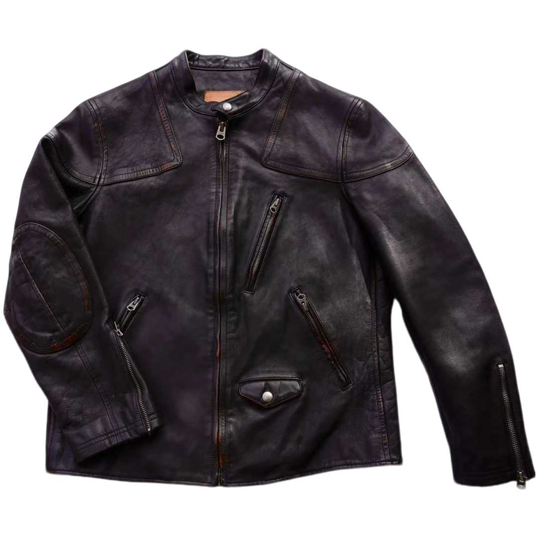 1.7毫米左右头层牛皮全植鞣重水洗男士复古机车毒液真皮皮衣男