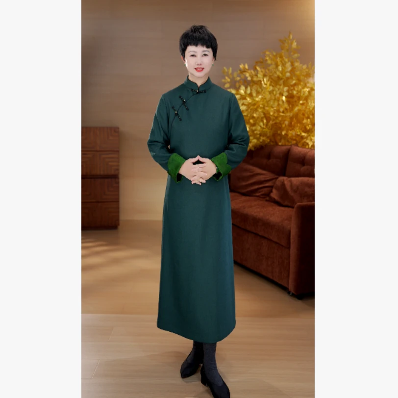 26年春秋羊毛长袍裙新中式复古女A版旗袍连衣裙A3986