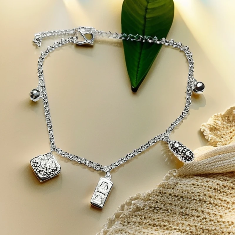 足银脚链 好事发生福袋铃铛设计脚链