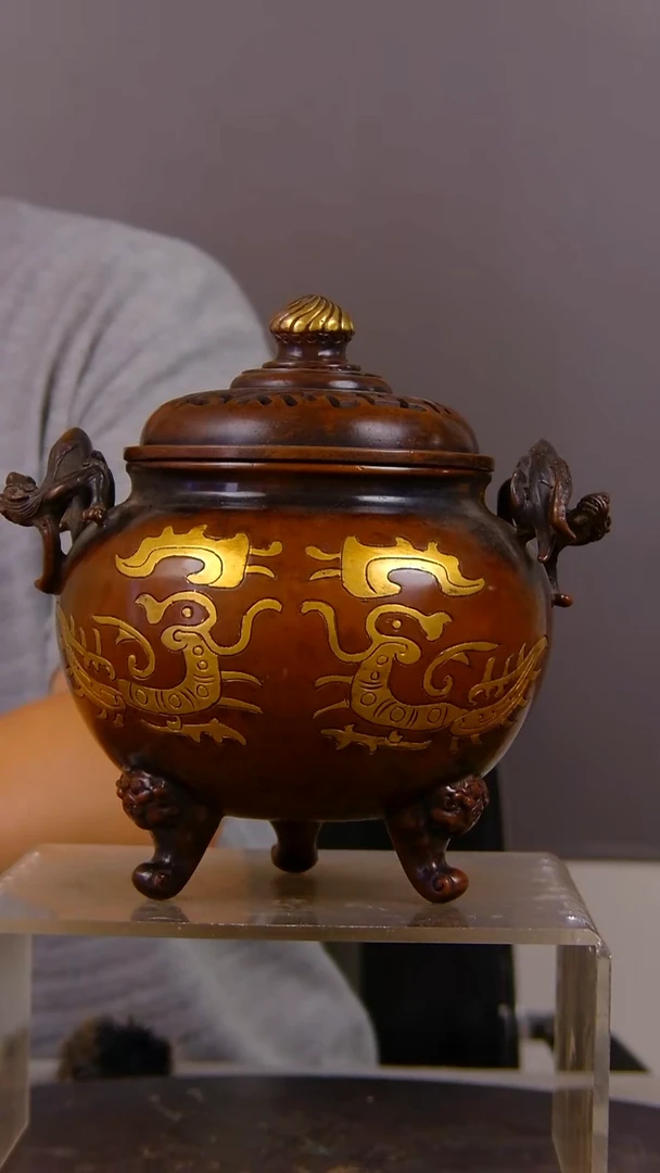 瓷片邓*庆山水紫铜鎏金造像香炉结缘1111