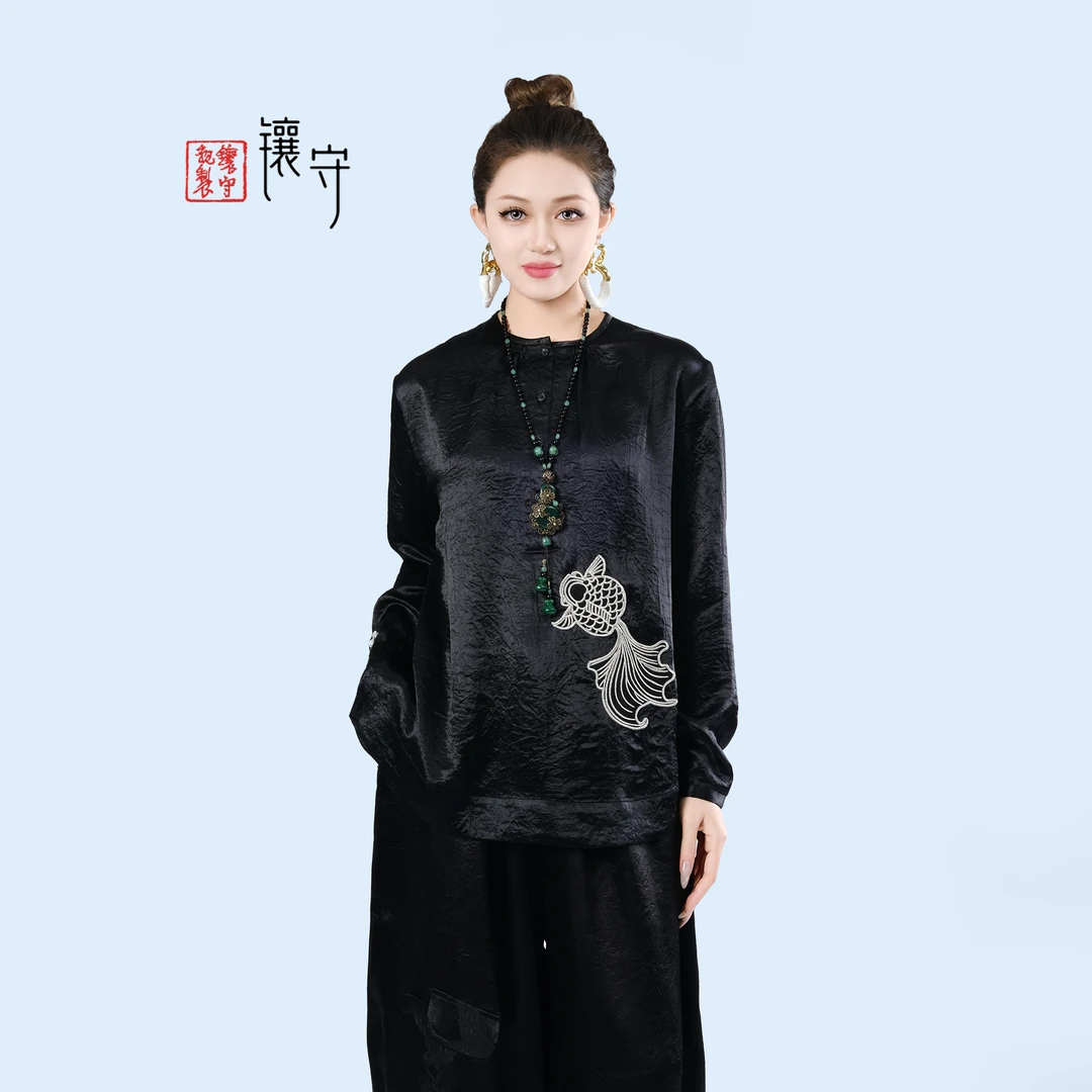 【镶守·晨风】春季新中式国风刺绣时尚黑色经典轻奢百搭上衣A9112