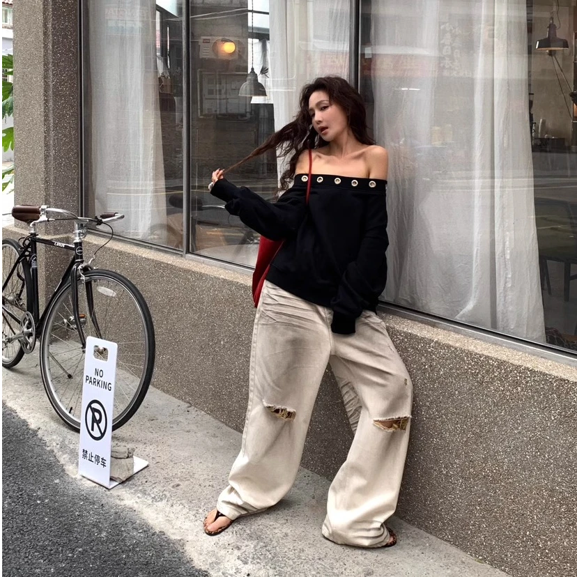 美式辣妹性感显瘦一字领扣环慵懒风卫衣女春季松弛感百搭长袖上衣