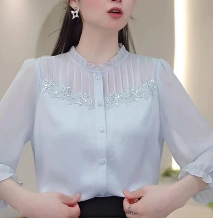 新款妈妈装2025法式木耳领长袖袖衬衫女春夏季洋气爆款衬衣小衫