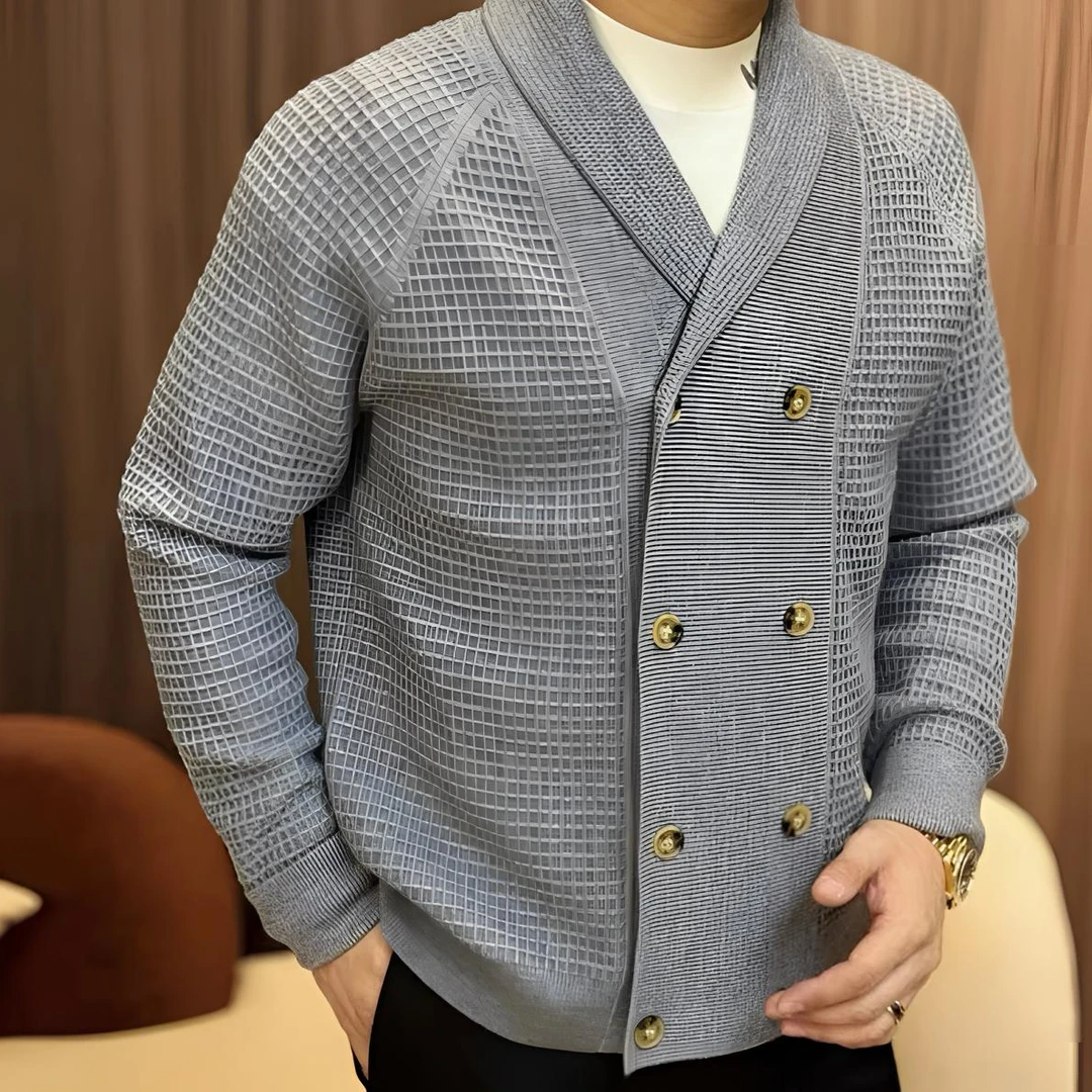 外套男秋季新款青果领针织外套时尚双排扣开衫男百搭轻奢痞帅男装