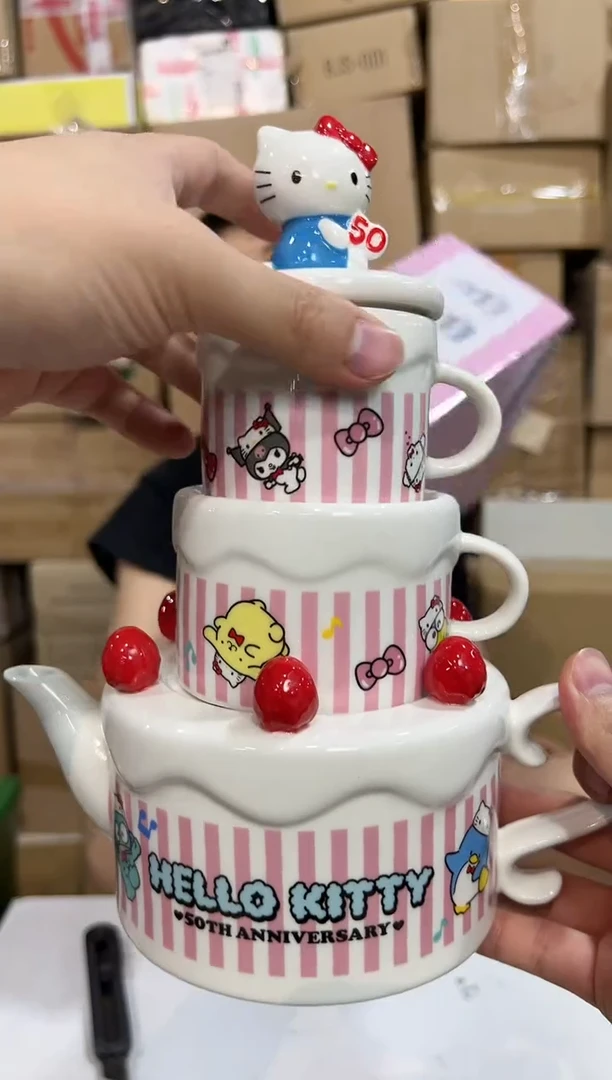 瓷片原盒kt猫50周年茶壶套组