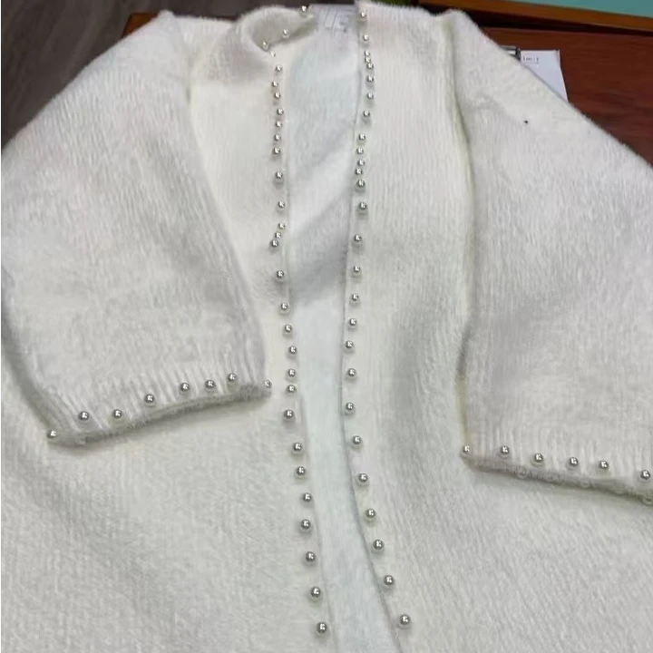 【藏白】加绒针织外套女宽松秋冬钉珠毛衣厚开衫慵懒风-SXRSX406069