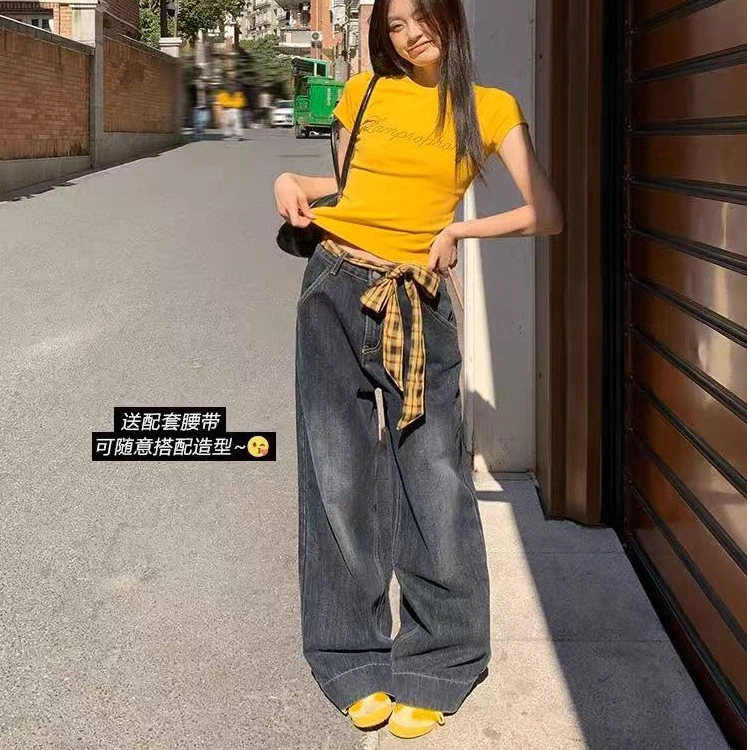 歌幂黑灰色格子拼接直筒牛仔裤女夏季高腰宽松美式复古阔腿HY003