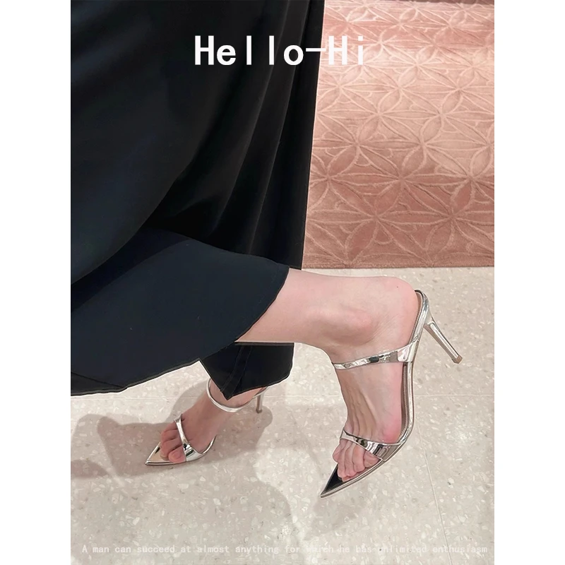 羊皮版~2025新款法式一字带显白高跟银色凉鞋高跟鞋仙女风凉半拖