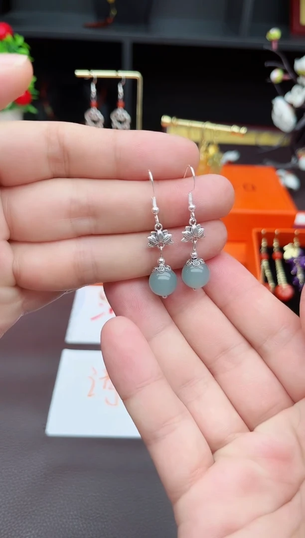 石英质玉（天山翠）银S925镶嵌耳饰237000