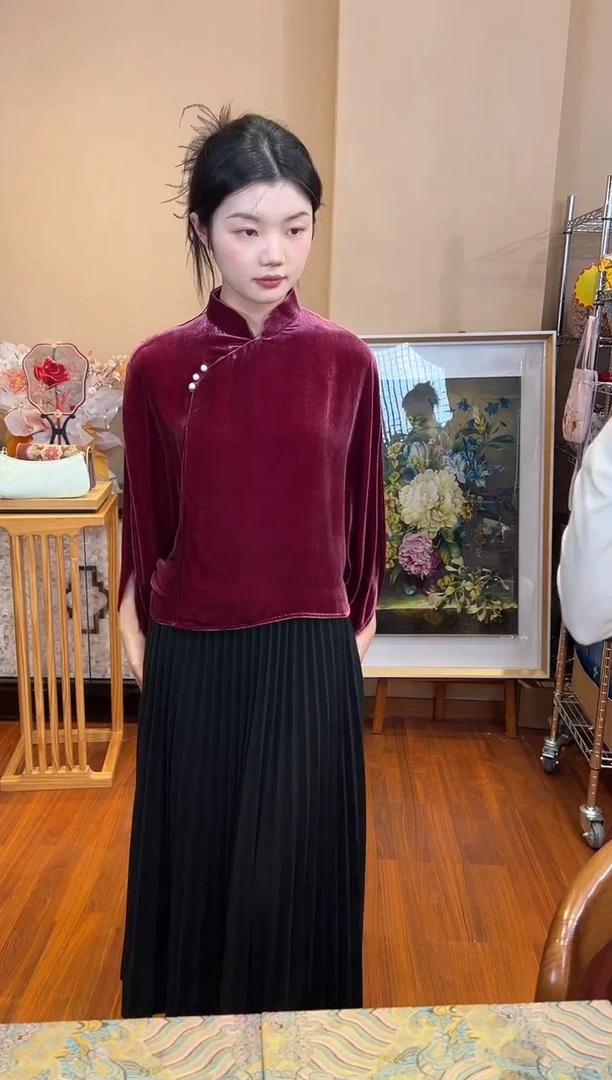 刺绣 XL 酒红真丝丝绒