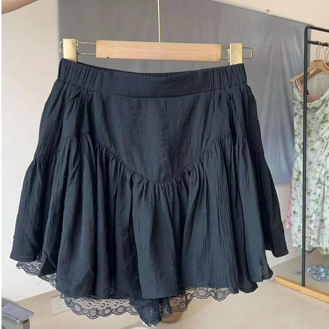 919高腰裙半身裙气质时尚百搭女士夏季纯色显瘦褶皱半身裙黑色